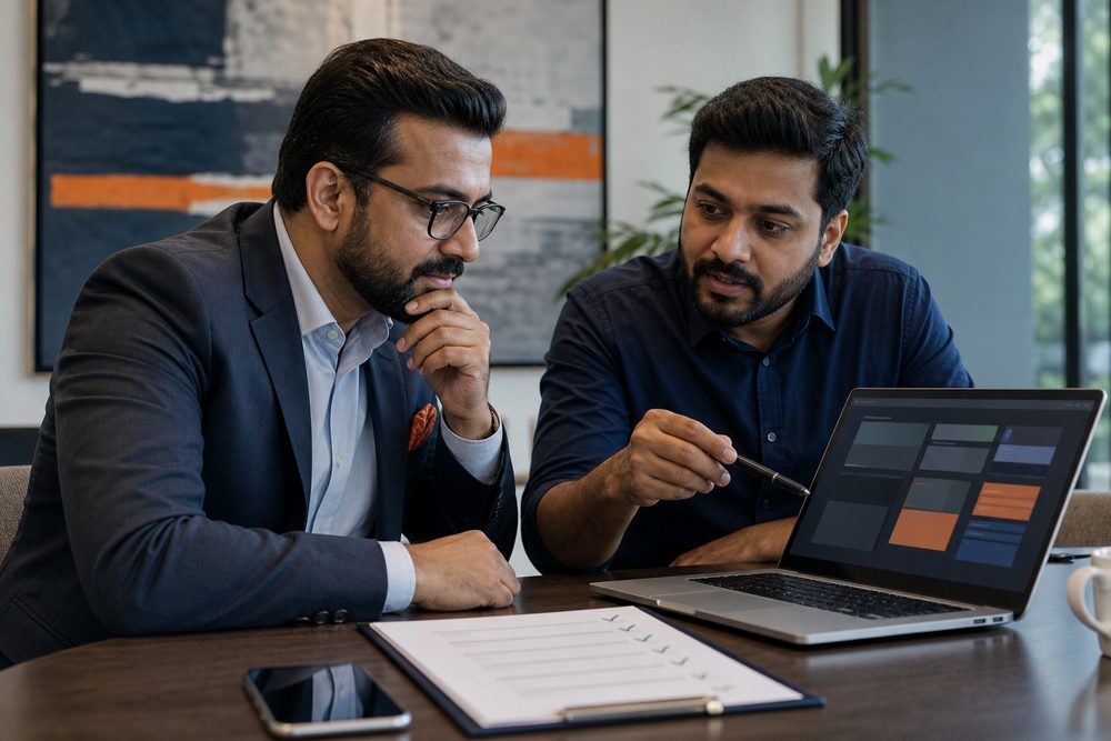 Business owner and technical consultant reviewing a proposal before approval