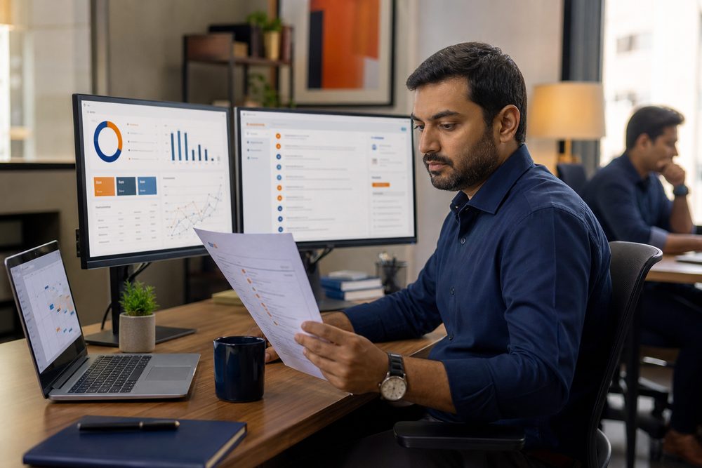 Business operations manager reviewing a customer workflow and approval documents