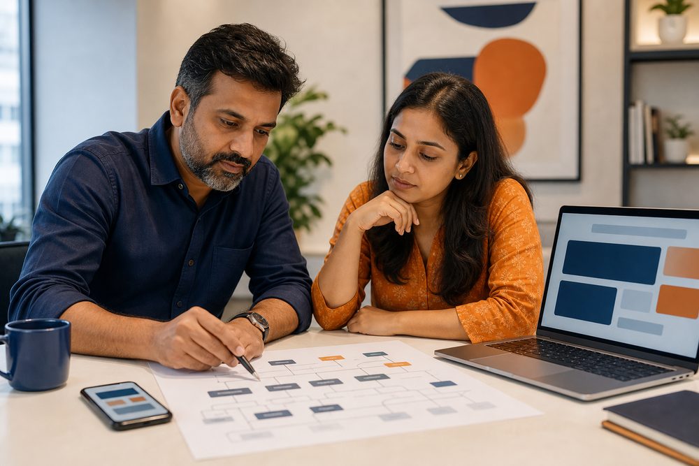Two business professionals reviewing a website information architecture plan