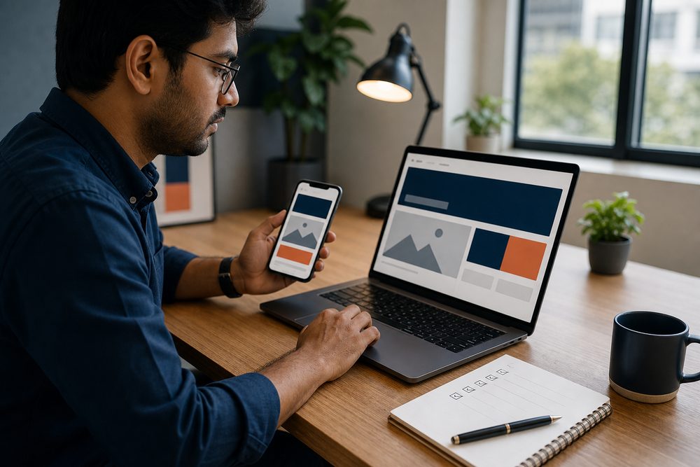 A website engineer checking a responsive site on a laptop and mobile phone