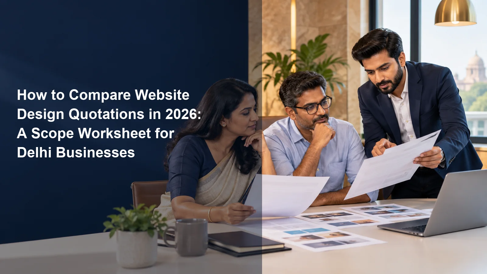 Indian business owners comparing website design quotations with a web consultant
