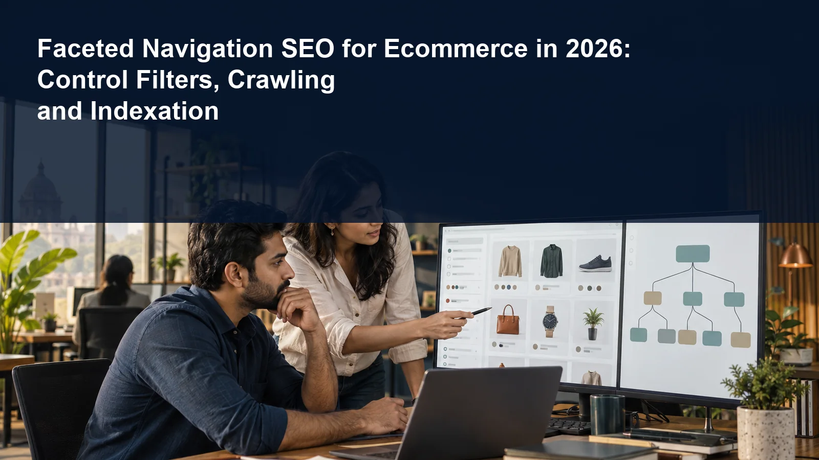Indian ecommerce team reviewing product filters and a controlled faceted-navigation URL map
