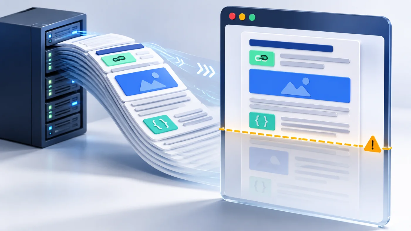 Layered HTML document reaching a crawler cutoff while remaining content fades below the boundary