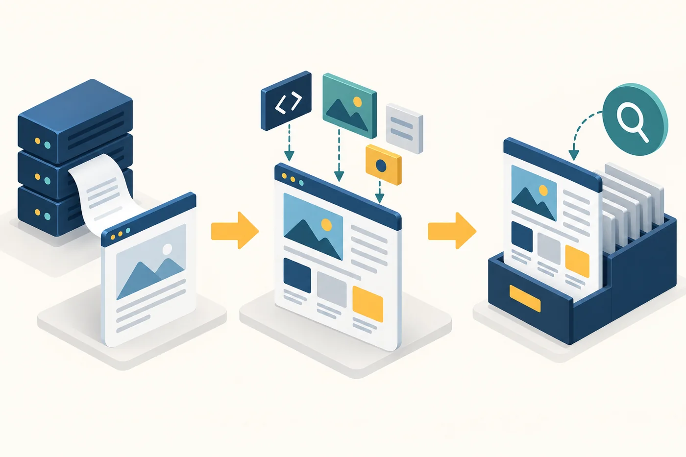 Illustrated workflow showing a server response, JavaScript rendering and a completed webpage entering a search index