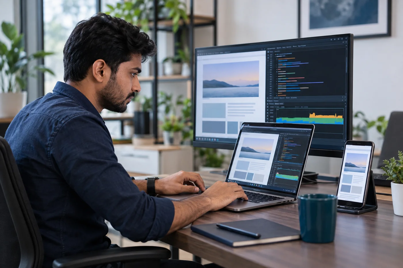 Indian developer comparing a JavaScript webpage across desktop, laptop and mobile during a rendering and performance audit