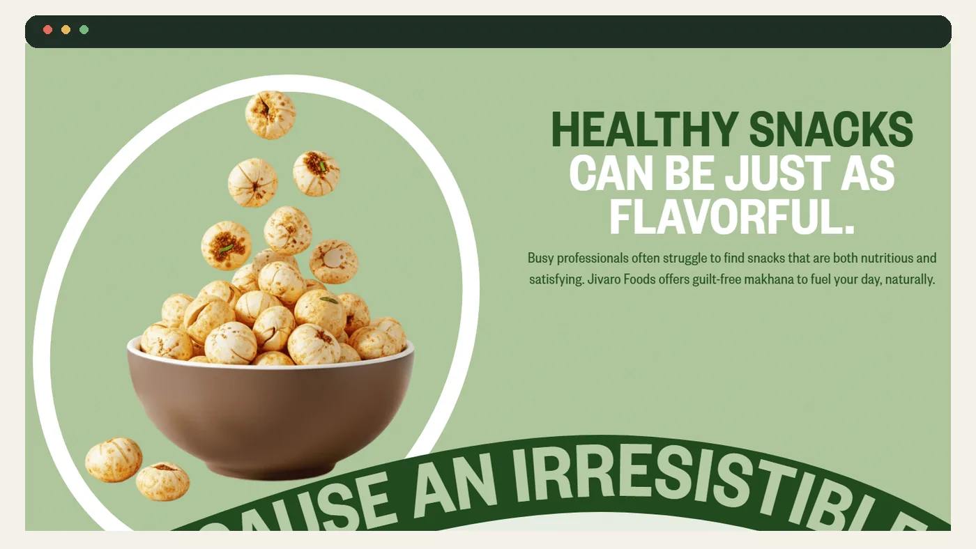Jivaro Foods homepage showing a makhana product visual, short navigation and clear product promise
