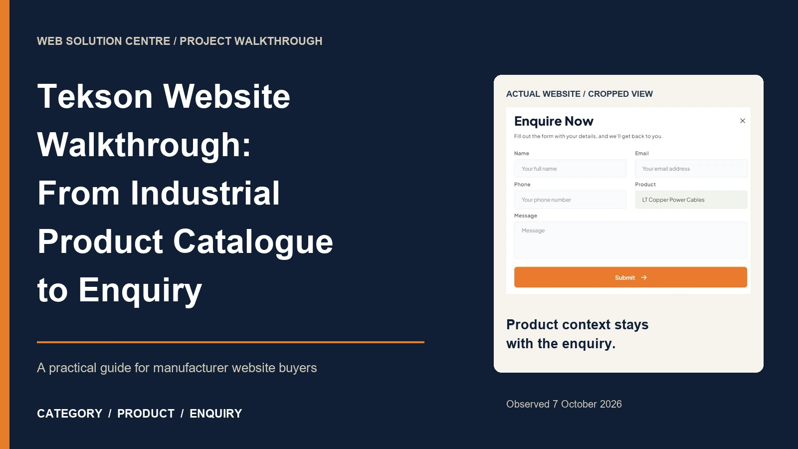 Tekson Website Walkthrough: From Industrial Product Catalogue to Enquiry, with a cropped view of its product enquiry form