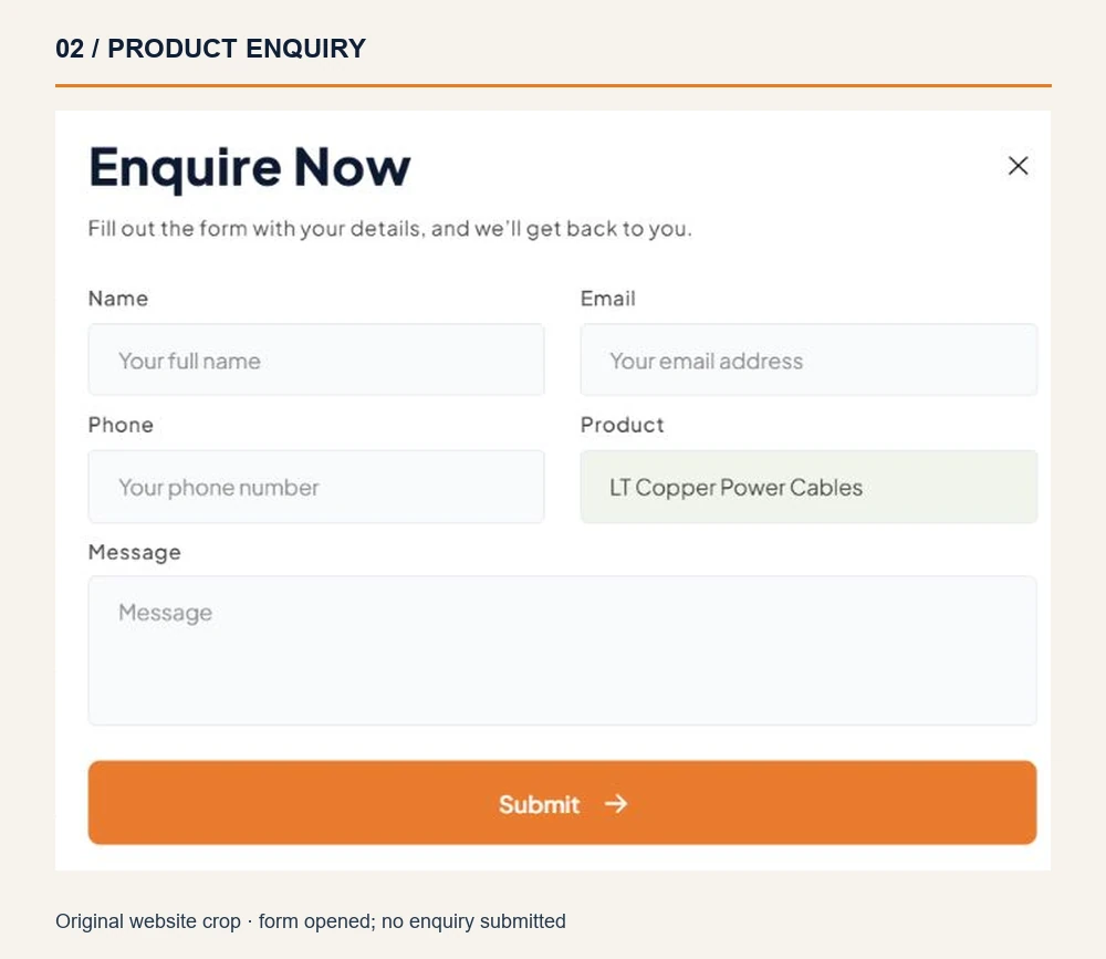 Tekson enquiry drawer with empty contact fields and LT Copper Power Cables prefilled as the product