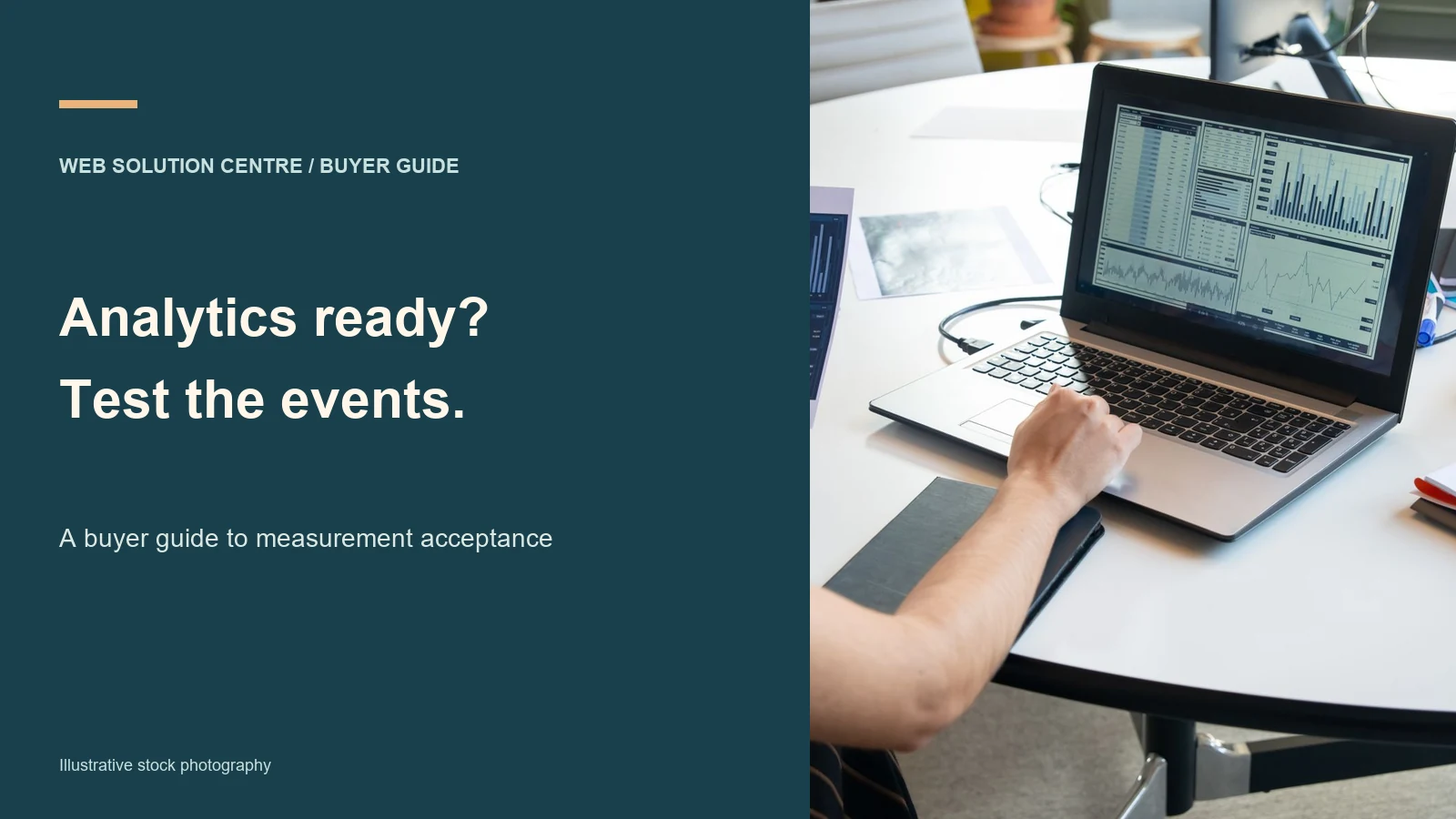 Analytics acceptance testing buyer guide with an illustrative photograph of printed charts beside a laptop