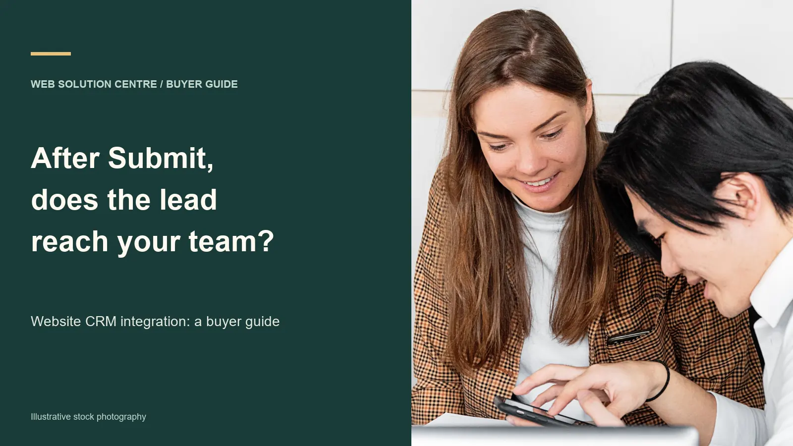 After Submit, does the lead reach your team? Buyer-guide heading beside an illustrative colleague review scene
