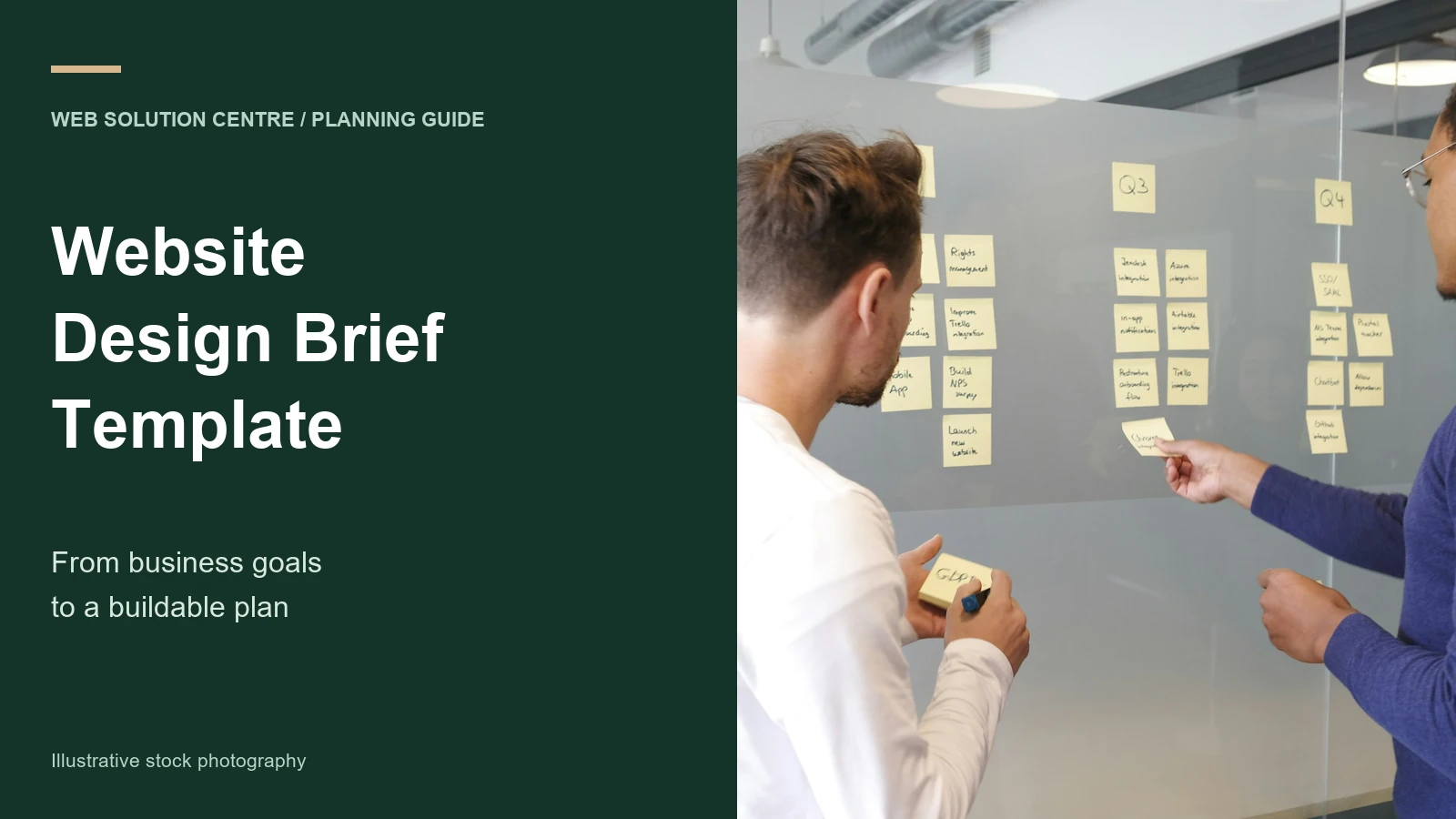 Website Design Brief Template heading beside an illustrative stock photograph of project planning