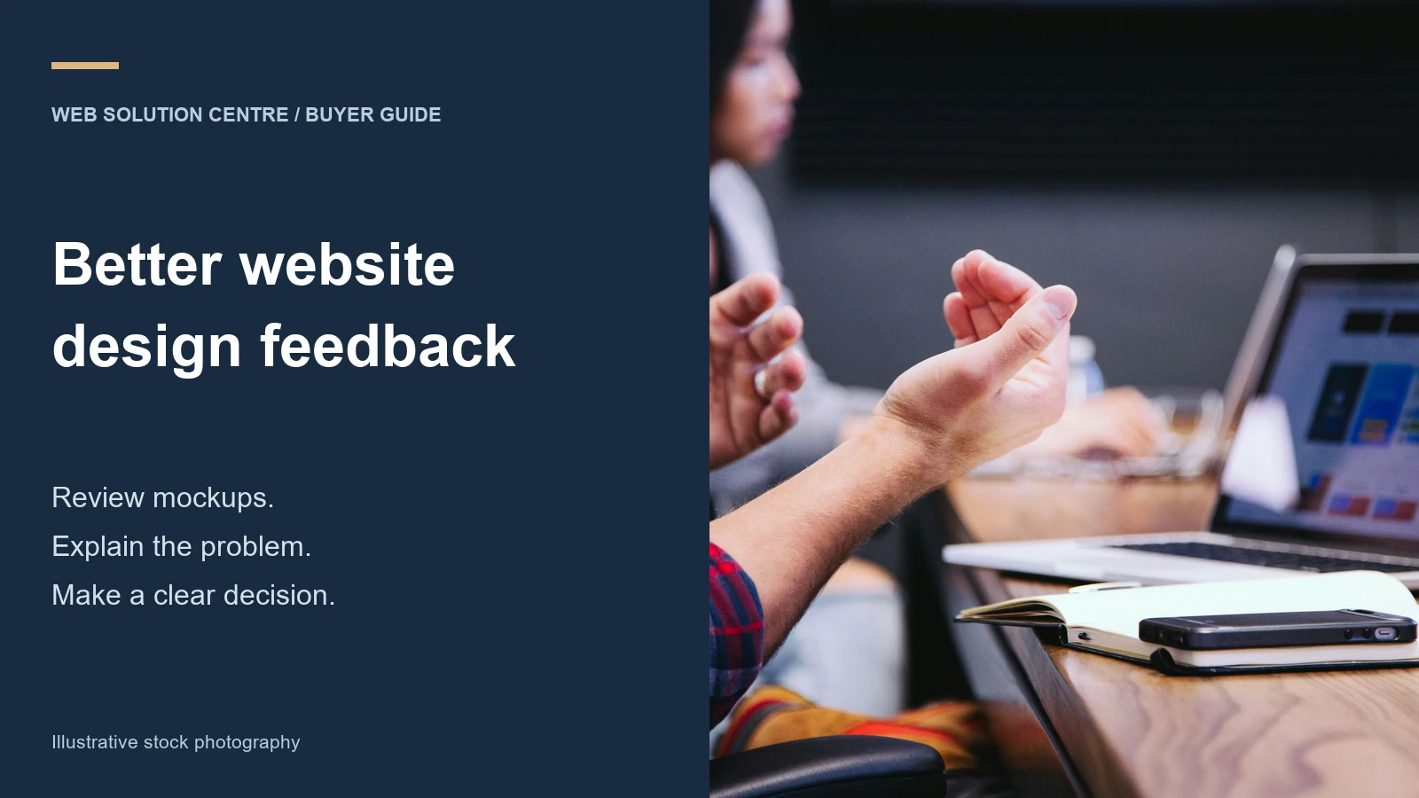 Better website design feedback heading beside an illustrative stock photograph of a discussion at a laptop