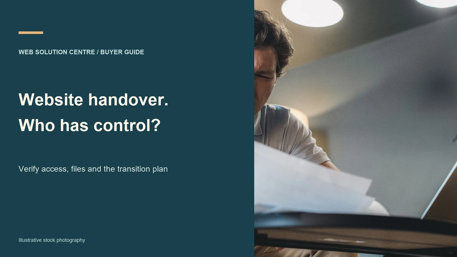 Website handover buyer guide beside an illustrative photograph of a person reviewing laptop documents