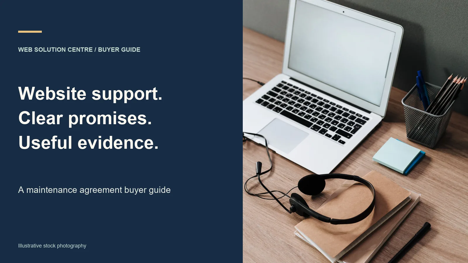 Website support, clear promises and useful evidence heading beside an illustrative laptop and headset workspace