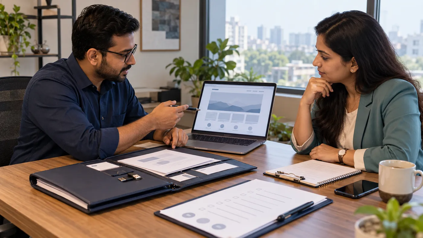 Indian business owner reviewing website access, ownership and handover materials with a developer