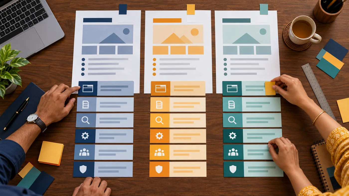 Indian business owners comparing three website quotations with a like-for-like scope worksheet
