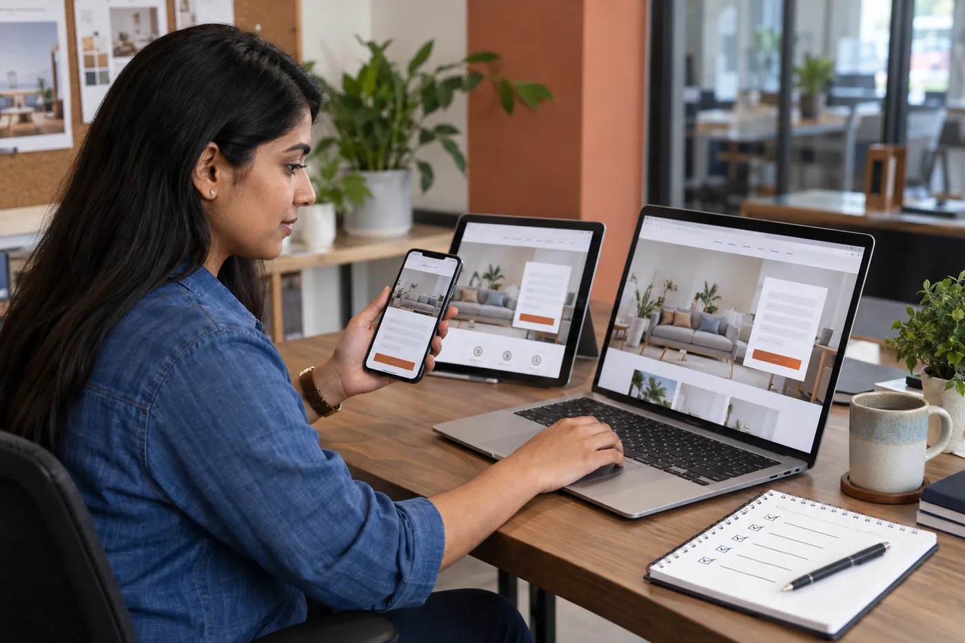 Indian quality assurance specialist testing a redesigned service website across mobile tablet and laptop
