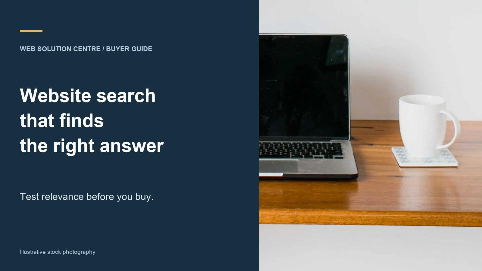 Website search buyer guide heading beside an illustrative laptop workspace photograph