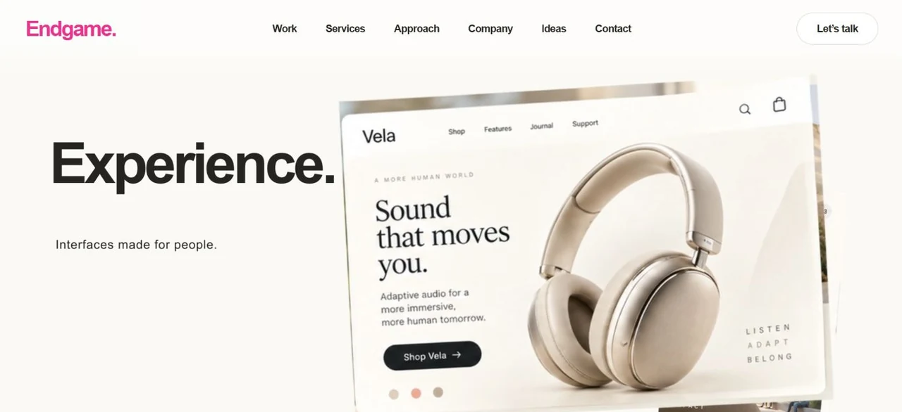 A frame from the real Endgame homepage film showing an interface in a dimensional composition