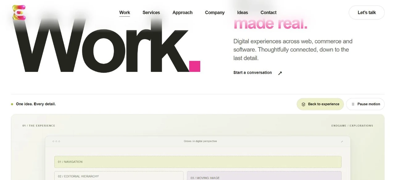 Endgame work page in structure view, revealing navigation, editorial hierarchy and moving-image layers
