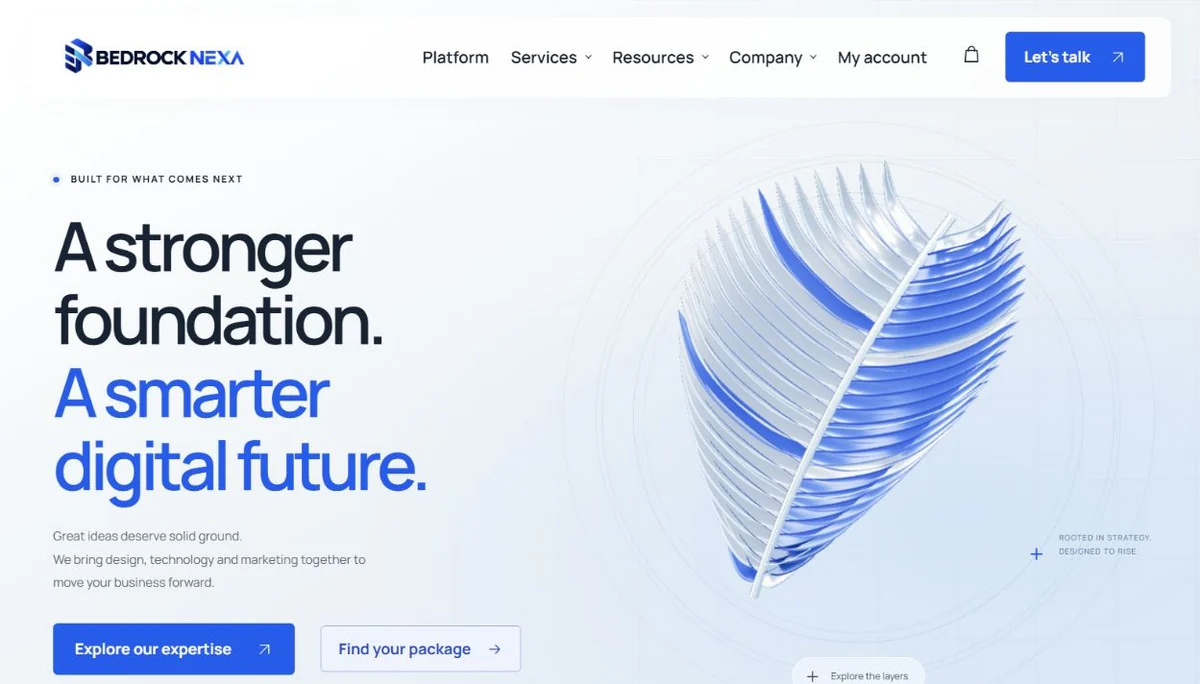 Bedrock Nexa business website with blue and white design and digital services navigation